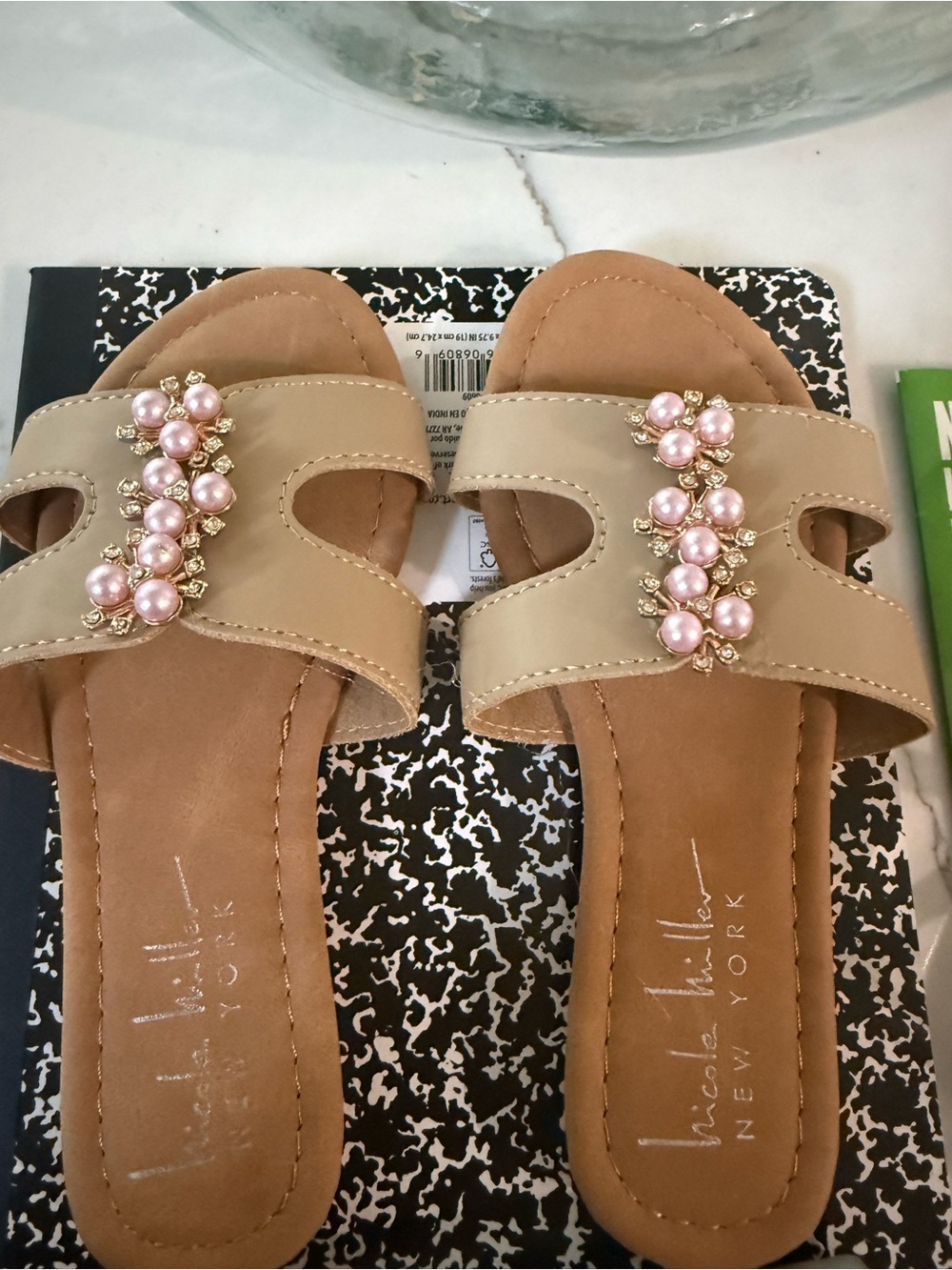 Nicole Miller Beige Slide Sandals with Pink Pearl Embellishments
